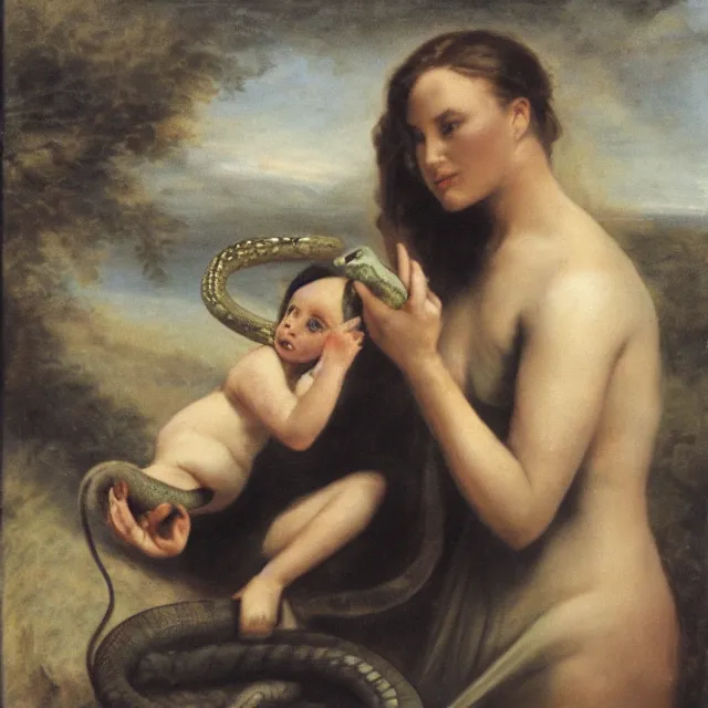 Image similar to eve holding baby over snake