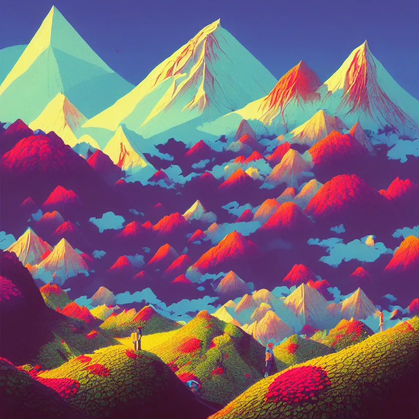 Image similar to kinabalu peak, summer morning, very coherent and colorful high contrast, art by! gediminas pranckevicius! geof darrow,!!! pastel color!!!, volumetric lighting, cinematic, floralpunk screen printing woodblock, dark shadows, hard lighting, stippling art