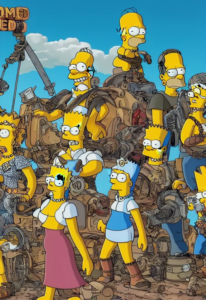 Prompt: Homer, Marge, Bart and Lisa Simpson in Fury Road Road Warrior movie, borderlands 4k render