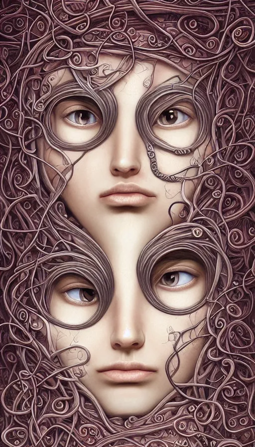 Image similar to very detailed portrait of a 2 0 years old girl surrounded by tentacles, the youg woman visage is blooming from fractal and vines, by naoto hattori