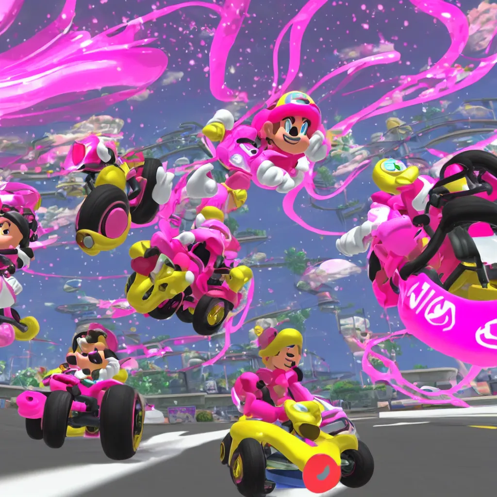 Image similar to race as pink fong in mario kart 8 deluxe
