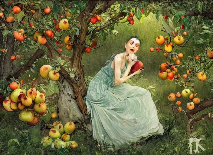 Image similar to lush apple and pear orchard fairy foliage painting carved in amber by chiara bautista and norman rockwell and greg rutkowski weta studio