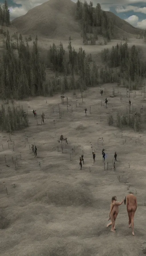 Image similar to a dystopian landscape made of beautiful naturist couples, Octane Render, cinematic