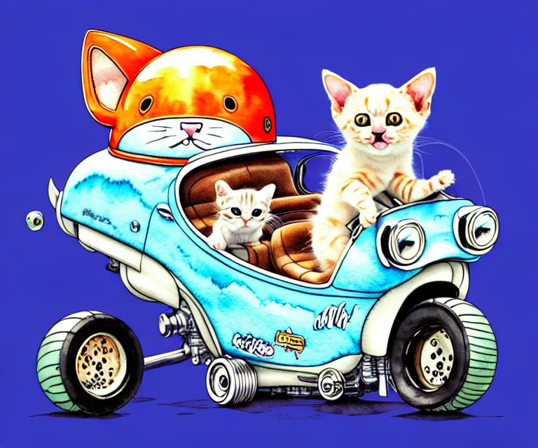 Image similar to cute and funny, kitten wearing a helmet riding in a tiny hot rod with oversized engine, ratfink style by ed roth, centered award winning watercolor pen illustration, isometric illustration by chihiro iwasaki, edited by range murata, tiny details by artgerm and watercolor girl, symmetrically isometrically centered