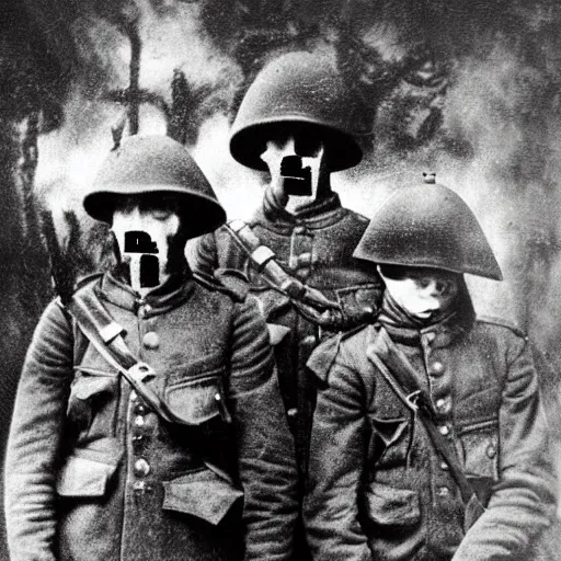 Prompt: close up of creepy occultist soldiers, ww 1 photograph, photoreal