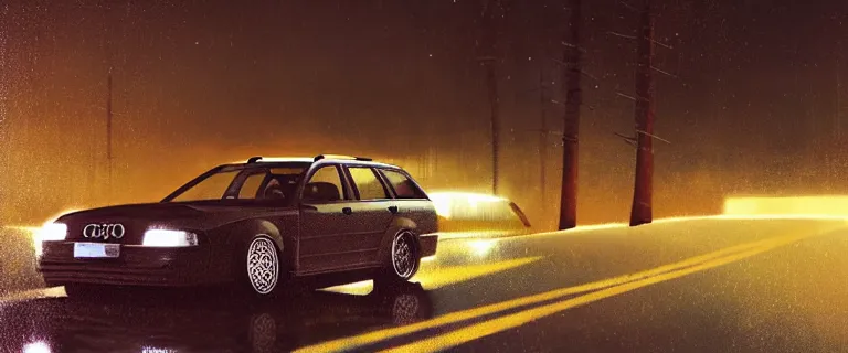 Image similar to Audi A4 B6 Avant (2002), a gritty neo-noir, dramatic bright lighting, cinematic, establishing shot, extremely high detail, photorealistic, cinematic lighting, artstation, by simon stalenhag, Palmont City canyon road, touge, At night