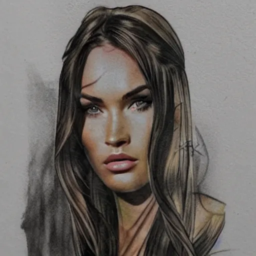 Image similar to realism tattoo sketch of double exposure megan fox with beautiful mountain scenery, in the style of andrey lukovnikov
