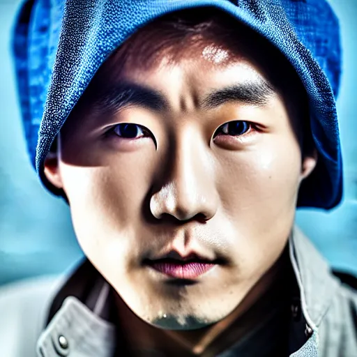 Image similar to a close up photographic portrait of a handsome korean actor wearing wet weather gear looking worried taken by annie leibowitz. cinematic lighting, blue background colour, 5 0 mm, subsurface scatter.