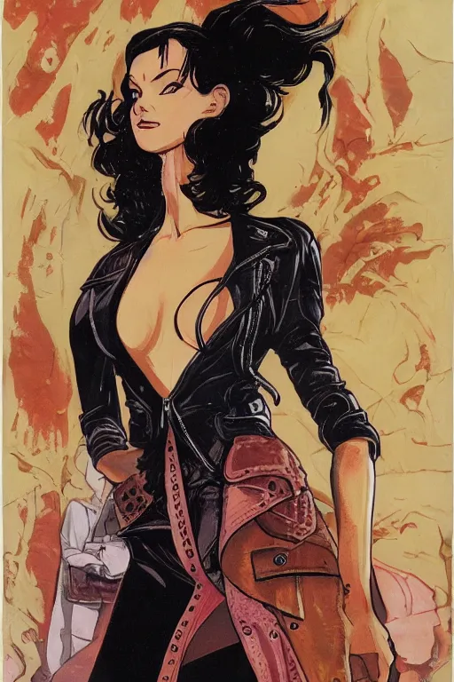 Prompt: portrait of an attractive young female antagonist, center focus, wearing leather jacket, in city street, detailed face, artwork by ralph bakshi