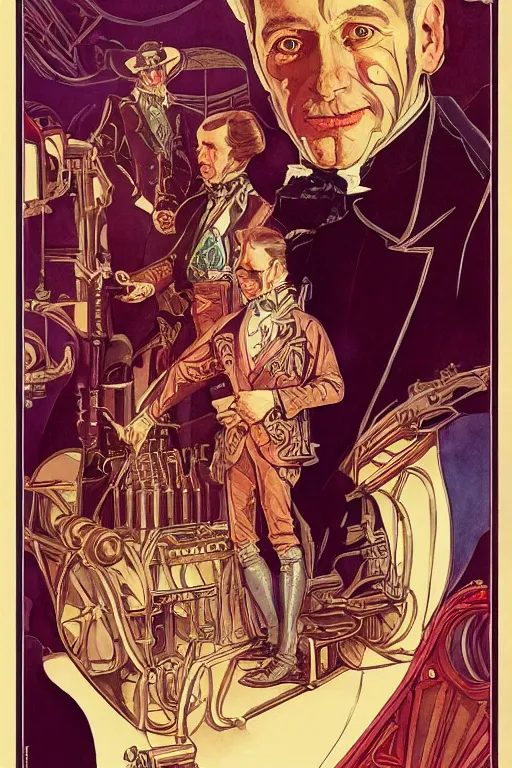 Image similar to zoomed out portrait of a duke, victorian era, art deco style, stylized illustration by moebius and juan gimenez, watercolor gouache detailed paintings in style of syd mead, ridley scott, metabaron, mucha, ghibli studio and disney vibe, vivid colorful comics style, clean line, diesel punk, artstation