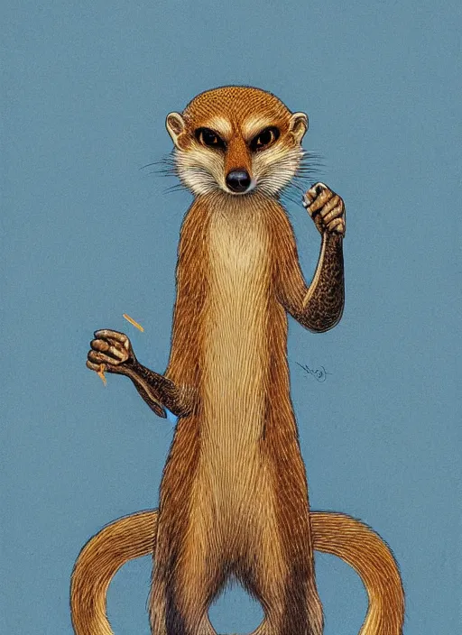 Prompt: a beautiful mongoose stands in a threatening pose with golden eyes, wool with a blue tint and razor - sharp claws, james jean art