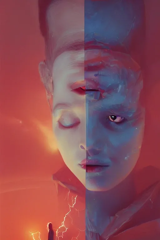 Image similar to 3 d, sci - fi, morning, sleepy fashion model face, sun, cinematic, lightning clouds, vogue cover style, stanley kubrick, light red and deep blue mood, realistic painting, intricate oil painting, high detail, figurative art, multiple exposure, poster art, 3 d, by tooth wu and wlop and beeple and greg rutkowski