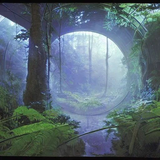 Image similar to portal in a middle of a lush futuristic forest, syd mead, john harris