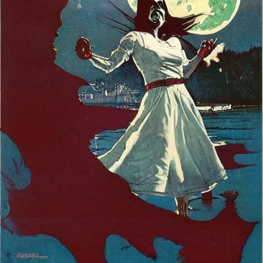 Prompt: style of Norman Rockwell and Rafael Albuquerque comic book art:: female ghost with white dress floating over a lake, ghastly scary horrible witch look on face, screaming angry:: extremely long nails, red:: floating over a lake:: night time, dark, full moon::2 scary terrifying horror::