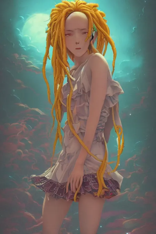 Image similar to portrait of an anime manga girl with floating yellow snake dreads, straight on, by artgerm, james jean, tom bagshaw, gerald brom, vaporwave colors, lofi colors, vaporwave, lofi, goth vibe, 4 k, smooth, hd, substance designer render, full body character concept art, symmetrical,