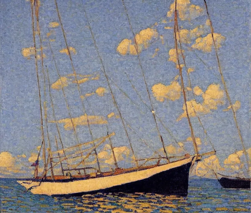 Image similar to van Rysselberghe painting of a single mast sailboat