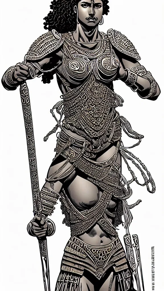 Image similar to greek amazon female warrior, a tall beautiful woman with brown skin and long curly dark hair, dressed in hellenistic body armour, intricate, elegant, highly detailed, smooth, sharp focus, detailed face, high contrast, graphic novel, art by laurie greasley