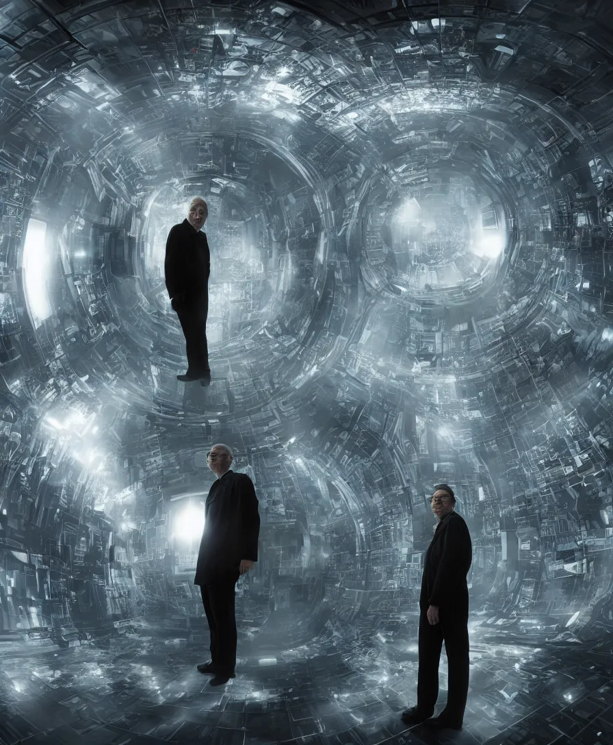 Prompt: realistic still from new scifi movie of portrait of old scientist standing in front of multidimensional mirror, image full of reflections, volumetric light, dramatic atmosphere, cinematic composition, deep depth, defocus, in style of james paick, rendered in vray, raytracing, raymarching