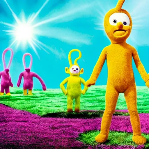 Prompt: photograph of slenderman standing behind some teletubbies, waving its arm, cinematic shot, backlighted