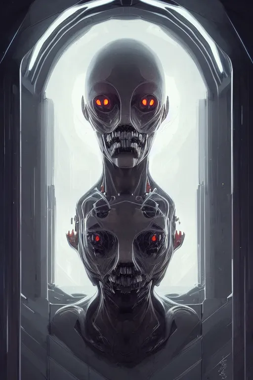 Image similar to professional concept art symmetrical portrait of a ominous floating!! mechanical terrifying!! species thing in a dark room by artgerm and greg rutkowski. an intricate, elegant, highly detailed digital painting, concept art, smooth, sharp focus, illustration, in the style of cam sykes.