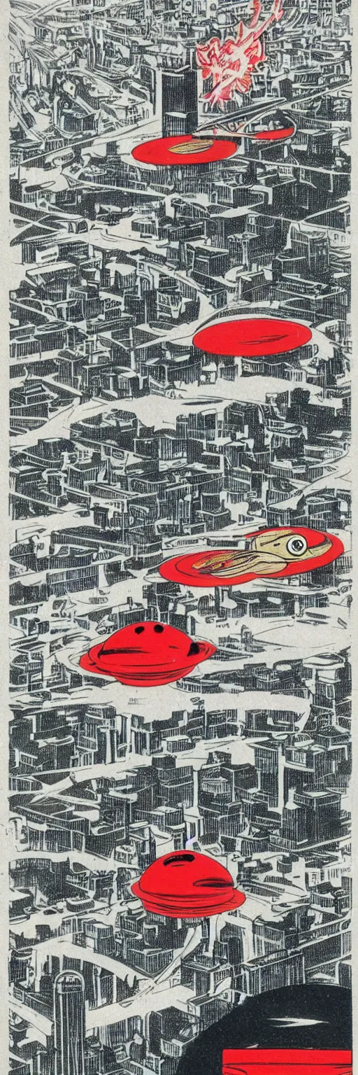 Prompt: a gigantic red eyed alien flying over a little US city, his cylindric wooden spaceship over him with multiple little colored lights around the spaceship, old graphic comics design, 1940's photography