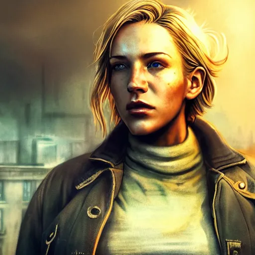 Image similar to fallout 5, charismatic beautiful rugged blonde female protagonist, portrait, outdoors ruined cityscape, atmospheric lighting, painted, intricate, volumetric lighting, beautiful, daytime, slight overcast weather, sharp focus, deep colours, golden hour, ultra detailed, by leesha hannigan, ross tran, thierry doizon, kai carpenter, ignacio fernandez rios