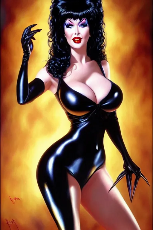 Image similar to a ( beautiful masterpiece highly detailed ) full body portrait illustration of intimate alluring elvira! mistress of the dark by ralph horsely and artgerm and joe jusko, raven black hair, porcelain white skin. bettie page, curvy. trending on artstation