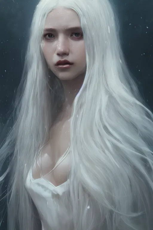 Image similar to a fancy portrait of a young beautiful girl with long white hair by greg rutkowski, sung choi, mitchell mohrhauser, maciej kuciara, johnson ting, maxim verehin, peter konig, bloodborne, 8 k photorealistic, cinematic lighting, hd, high details, dramatic, dark atmosphere, trending on artstation