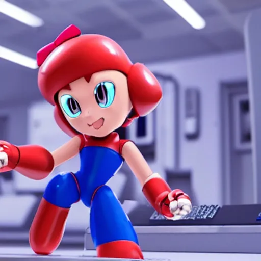 Prompt: 3 d cg rendering of : roll ( from mega man ) is repairing computers in dr. light's laboratory. roll is a cute female ball - jointed robot who has blonde hair with bangs and a ponytail tied with a green ribbon. she is wearing a red one - piece dress with a white collar, and red boots.
