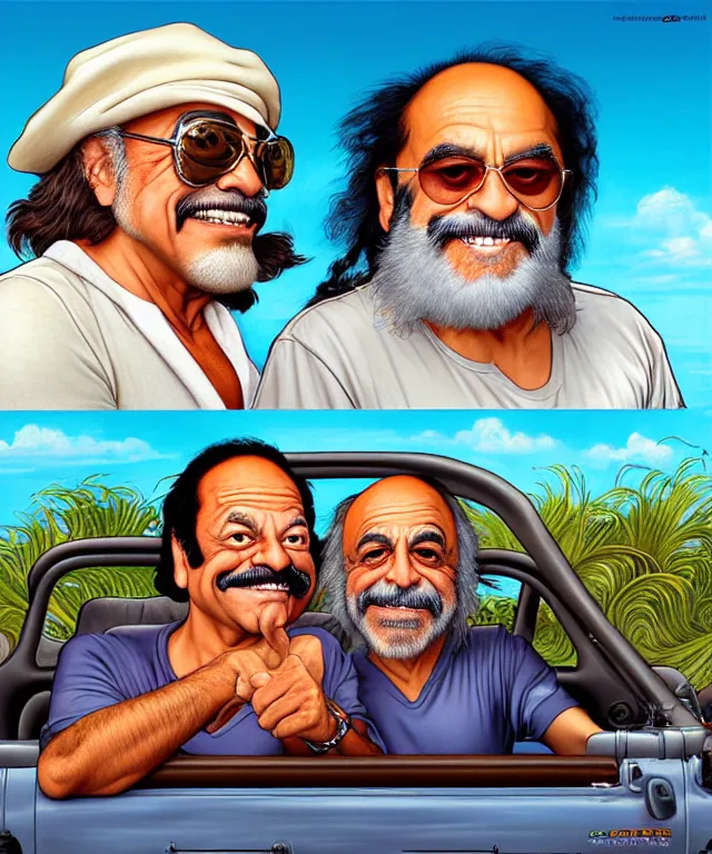 Image similar to Caricatures of Cheech Marin and Tommy Chong, riding in a children's jeep along cocoa beach front, Miami. fun, funny, highly detailed, digital painting, artstation, concept art, smooth, sharp focus, illustration, art by artgerm and greg rutkowski and alphonse mucha