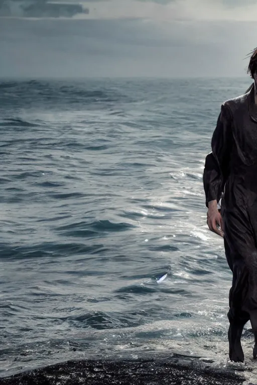 Image similar to Cillian Murphy wearing a old dive suit, walking out the ocean, dramatic, realistic, 8k, 4k, unreal engine