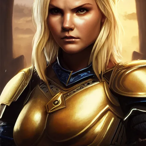 Prompt: front centered symmetrical RPG avatar portrait, Elisha Cuthbert as a paladin, blonde hair, gold armour, dramatic lighting, cinematic, establishing shot, high detail, photo realistic, cinematic lighting, post processed, 8k, concept art, artstation, matte painting, in the style of eddie mendoza, raphael lacoste, alex ross