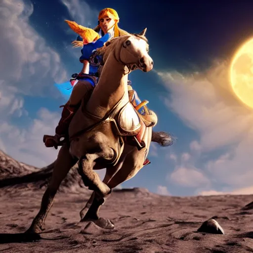 Image similar to zelda riding a horse on moon, detailed realistic face, hyper realistic, 4 k octan render, unreal 5