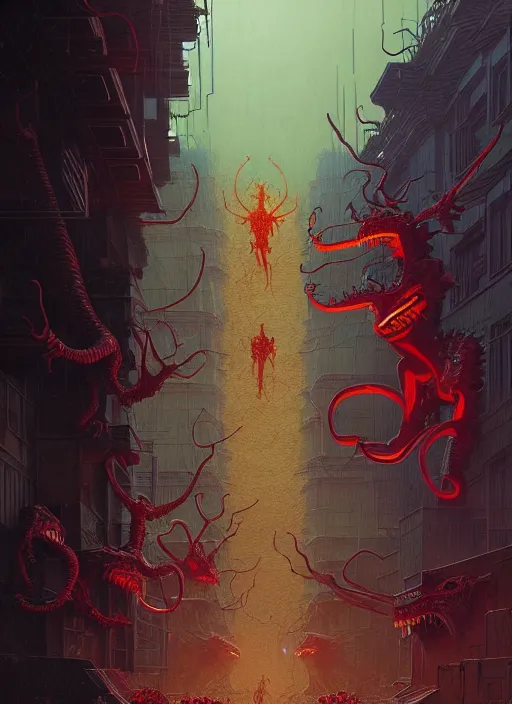 Image similar to masterpiece concept art, neon demons devouring children, by greg rutkowski and geof darrow, 8 k, intricate detail, cinematic lighting