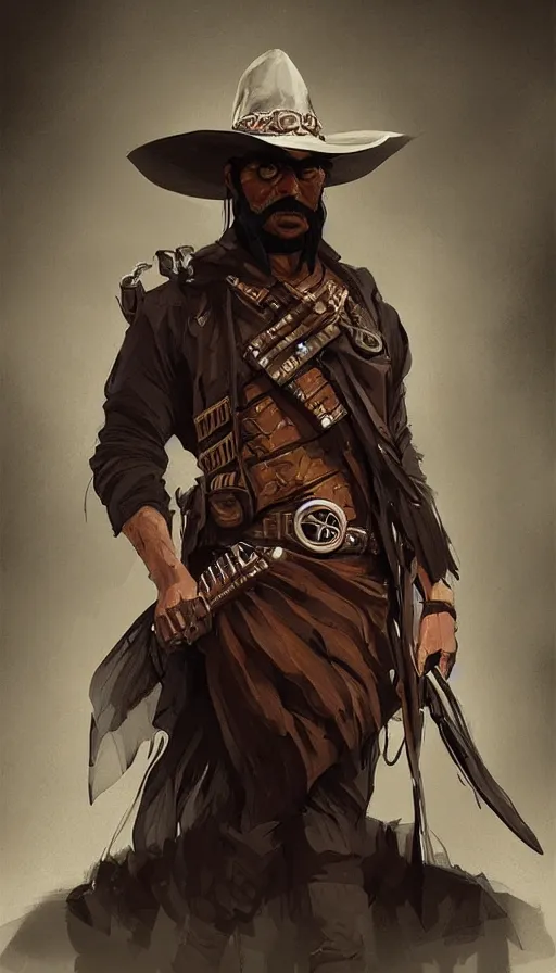 Prompt: misterious gaucho bandido commander, shady look, a raggy long poncho, magic the gathering, ready to shoot, intricate, highly detailed, digital painting, artstation, concept art, sharp focus, illustration, geometric dripped ink background, art by Artgerm, Grafit Studio, and Greg Rutkowski and Craig Mullins - W 700
