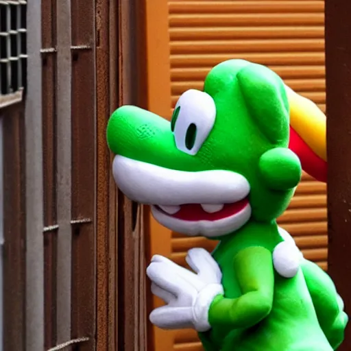 Prompt: Yoshi getting arrested in an alleyway