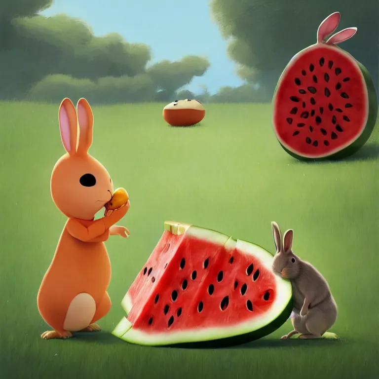 Image similar to Goro Fujita illustrating a rabbit eating a giant watermelon, art by Goro Fujita, sharp focus, highly detailed, ArtStation