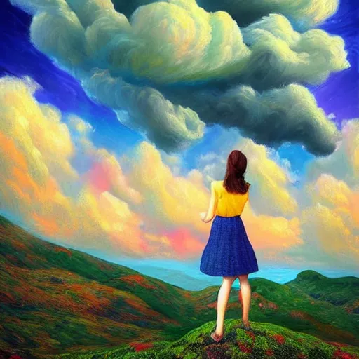 Image similar to giant flower head, frontal, woman standing on mountain, surreal photography, stormy sky, colorful clouds, impressionist painting, digital painting, artstation, rob gonsalves