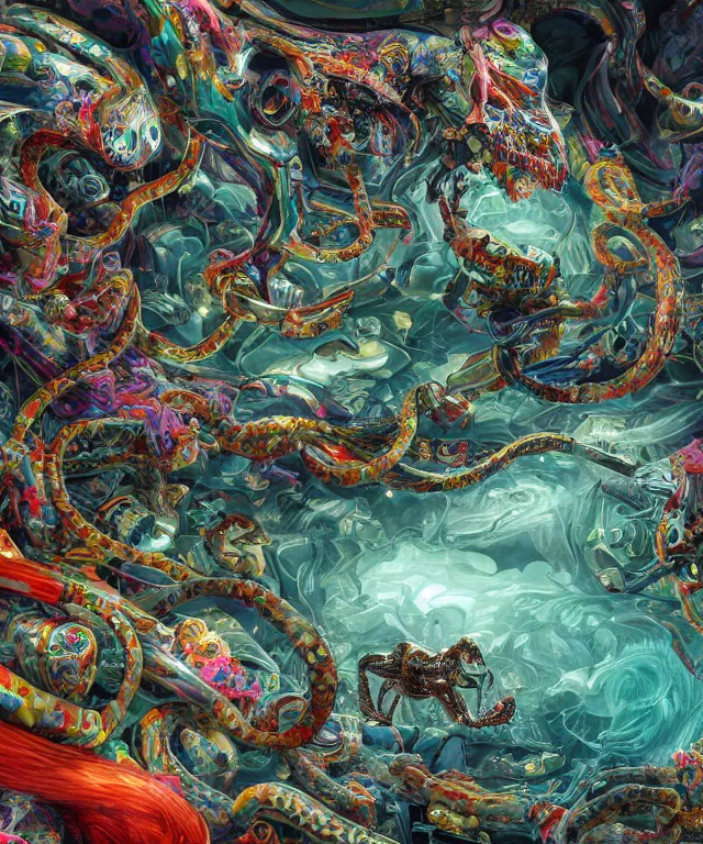 Image similar to hyperdetailed maximalist artwork by billelis inspired by oozium. Artstation. 8k 4k 64megapixels seen from below. Ant's eye perspective. Focus Giant floating alabaster skull drapped over with 1000 twirling emerald snakes. Unreal engine 5. Surreal render. Slightly blurry speedpainted minimal Swiss landscape below in the style of loish and holosomnia. Unrealistic harmonic colors. Sundown.
