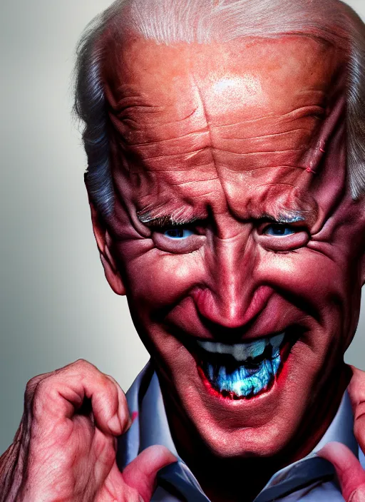 Prompt: Joe Biden, hyper realistic ultra realistic horror terror dimensional photo furious glowing red eyes, extreme fear, panic, psychotic, Joe Biden , high quality photo, detailed , 8k