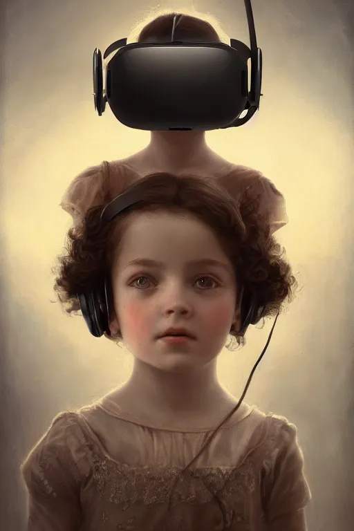 Prompt: a beautiful ultradetailed vintage photo of a child attached to a futuristic vr headset, by tom bagshaw and anna dittman, portrait, 2 4 mm lens, golden ratio composition, detailed face, studio photography, very detailed, humanoids, interconnected, artstation, 8 k, highly coherent