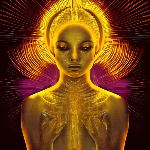 Prompt: cinematic photo of golden godess portrait in the style of Alex grey and davinci
