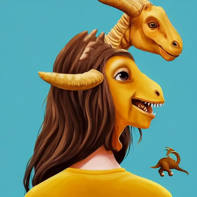 Prompt: “beautiful young woman with brown hair, goat ears and goat horns, a yellow t-shirt and blue overalls riding a dinosaur , digital art, beautiful composition, trending on artstation and deviantart, masterpiece”