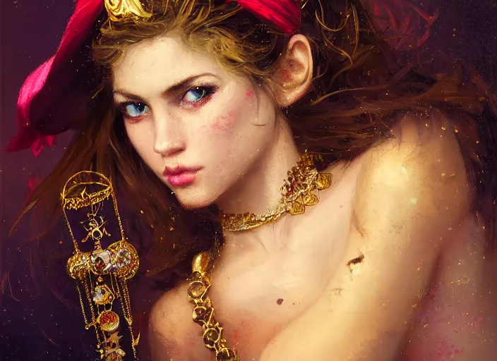 Prompt: full body picture of a pirate girl, hard breathing, messy hair, very excited, sparkling eyes, front of the treasure box, jewels and gold on the background, coveted, beautiful and aesthetic and attractive and detailed face, specular reflection, occlusion shadow, intricate, bokeh, masterpiece, by ilya kuvshinov and jeremy lipking and quentin mabille