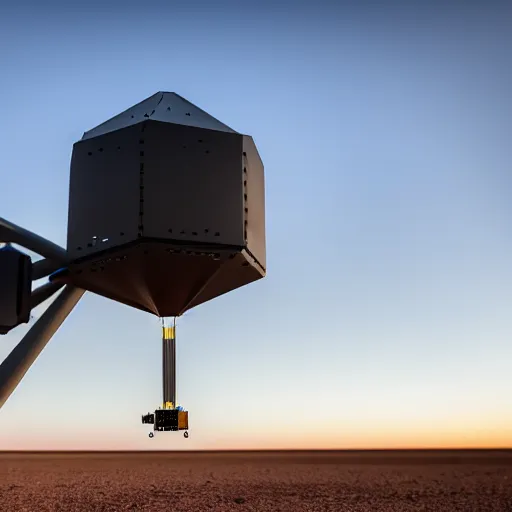 Image similar to flying industrial 3d printer with giant extrusion nozzle in the australian desert, XF IQ4, 150MP, 50mm, F1.4, ISO 200, 1/160s, dawn