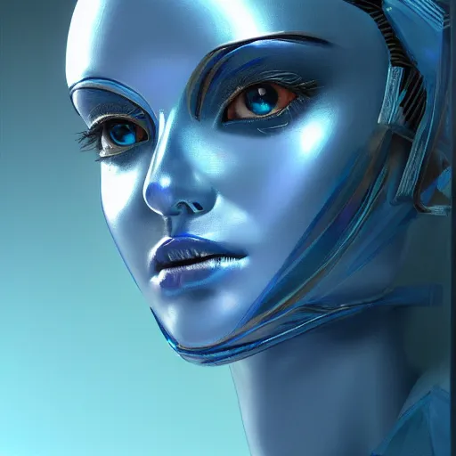 Image similar to portrait of a female android made of steel, face completely covered in phthalo blue filigree, glowing blue eyes, filigree, elegant, sharp focus, graceful, master crafted, trending on artstation, award winning, beauty,