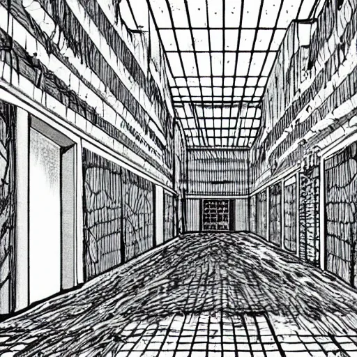 Image similar to “the inside of a huge white building with with many doors and stairs, confusing, creepy, doors, strange dimensions, anime style, detailed background, by Junji Ito”