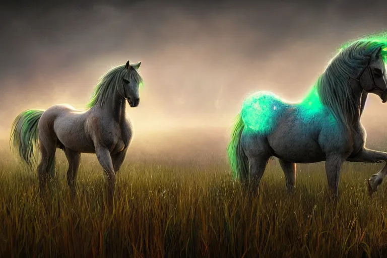 Image similar to a stunning horse with a mane of bioluminescent plants running through a meadow by eddie mendoza ( flowerpunk ), volumetric light, digital art, fine detail, photorealistic