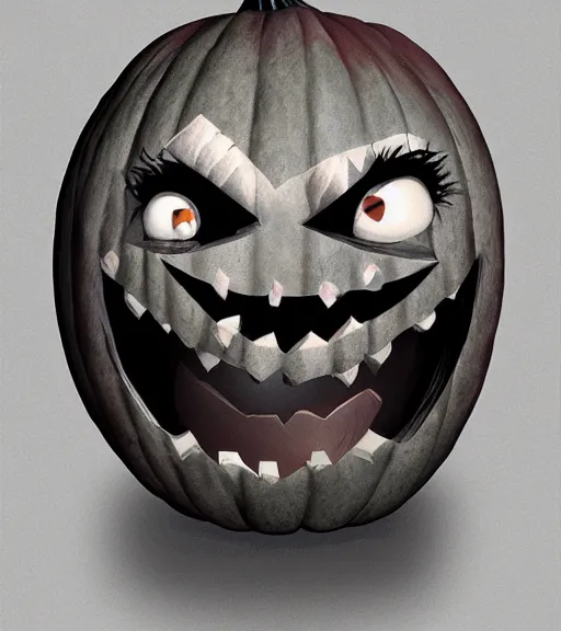 Prompt: a tim burton design of a spooky carved pumpkin face, laughing, detailed game art illustration, menacing, creepy lighting, 4 k artstation, masterpiece