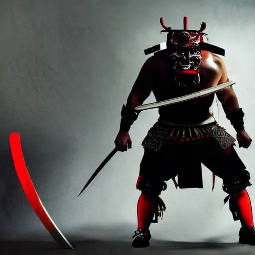 Image similar to fierce big muscular samurai wearing a cybernetic oni mask, cyber, scifi, movie still